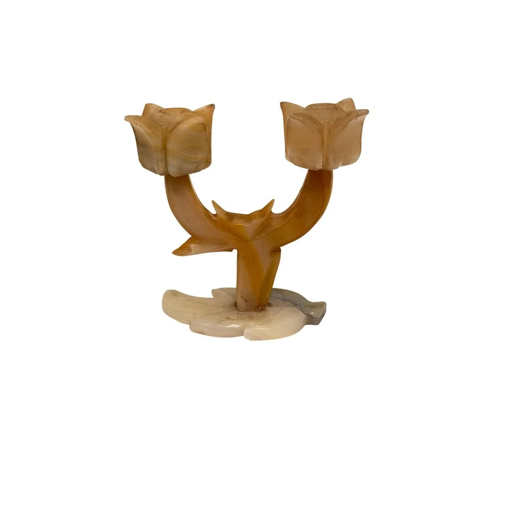 Vintage Onyx Stone Double Tulip Candle Holder Hand Carved Tan Cream 6in Heavy